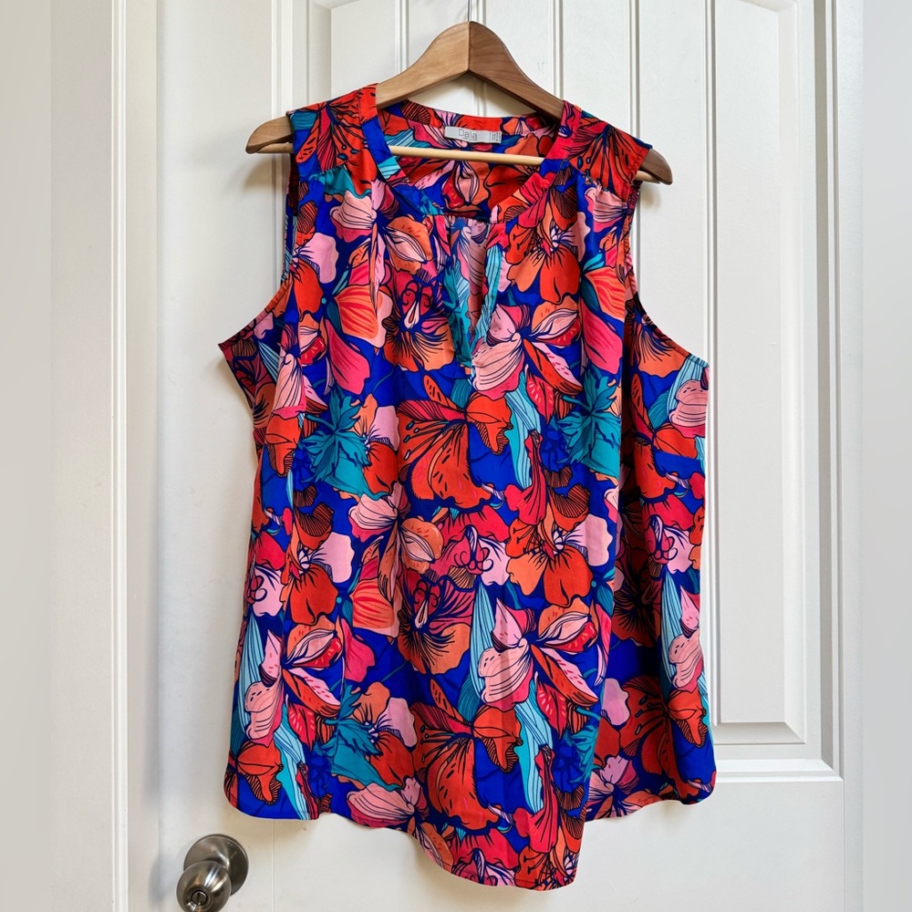 Dalia Red, Pink and Blue Floral Sleeveless Blouse. Size 2X